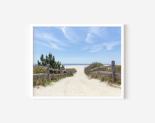 Fine art photography print of a sandy walkway leading to the  beach and ocean in Cape May, New Jersey.